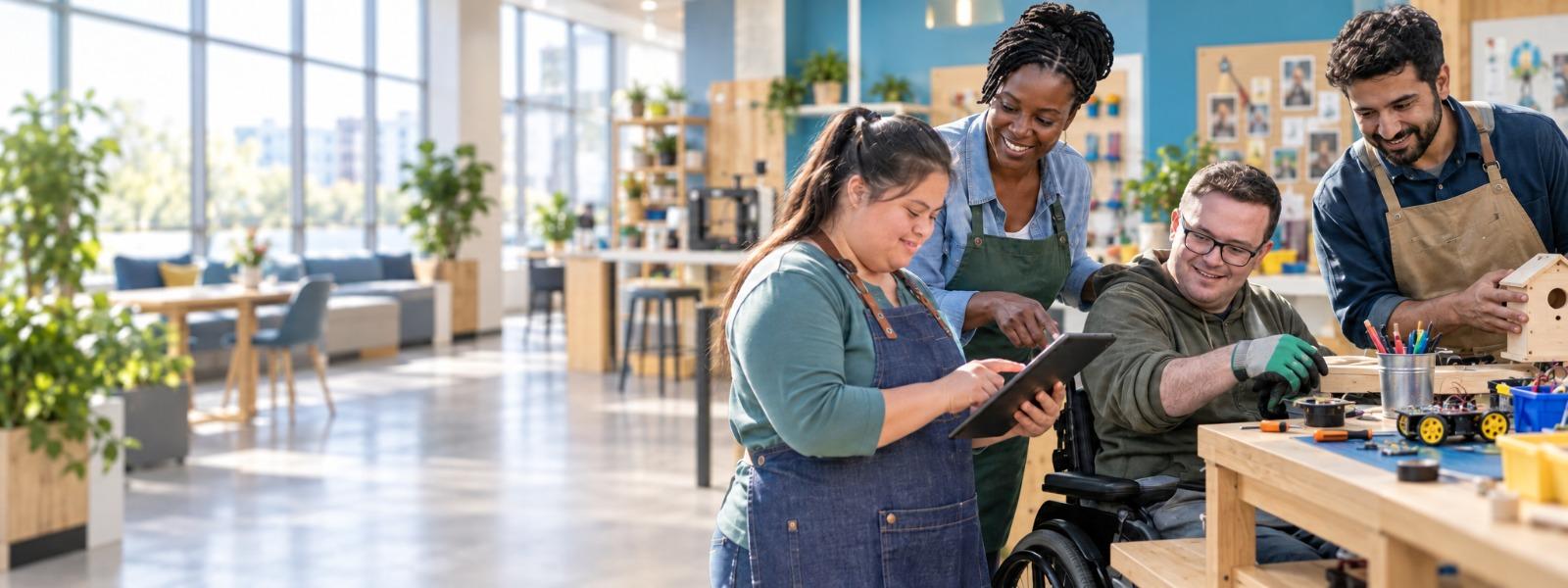 Support staff and the people they support working together on a woodworking project with a tablet