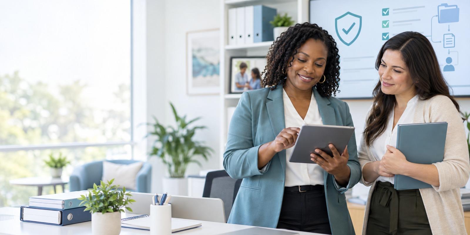 Two administrators reviewing compliance records together on a tablet in an office
