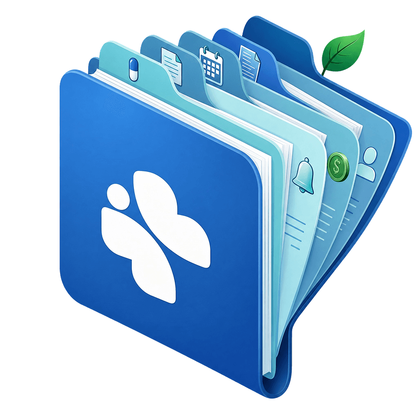 Stacked CoreNotes record folders holding medication, documentation, scheduling, billing and individual-profile tabs
